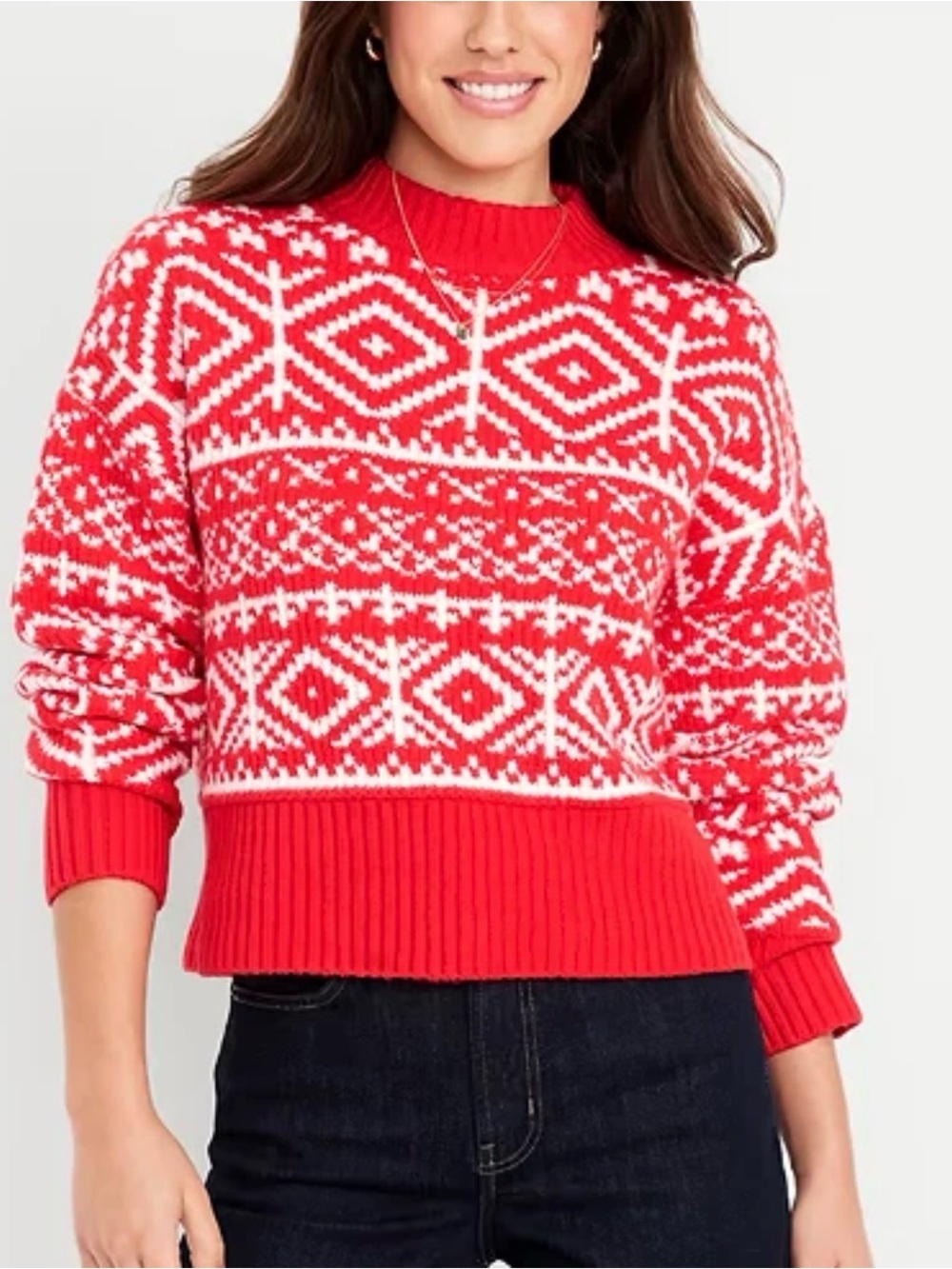 Old Navy SoSoft Red Fair Isle Mock Neck Boxy Crop Sweater Women's M Nordic Ski